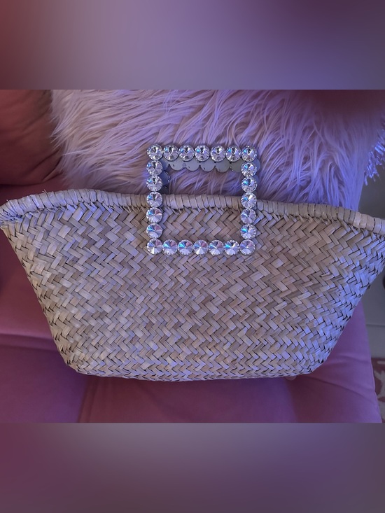 Handbags - NEW Woven Straw Tote with Crystal Square Handle - Natural